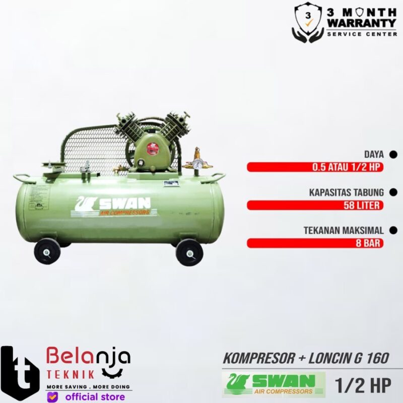 Swan Mesin Kompresor Angin 0.5 Hp Dengan Mesin Penggerak Engine Loncin G 160 5.5 Hp Air Compressor 1/2 Hp - Image 3